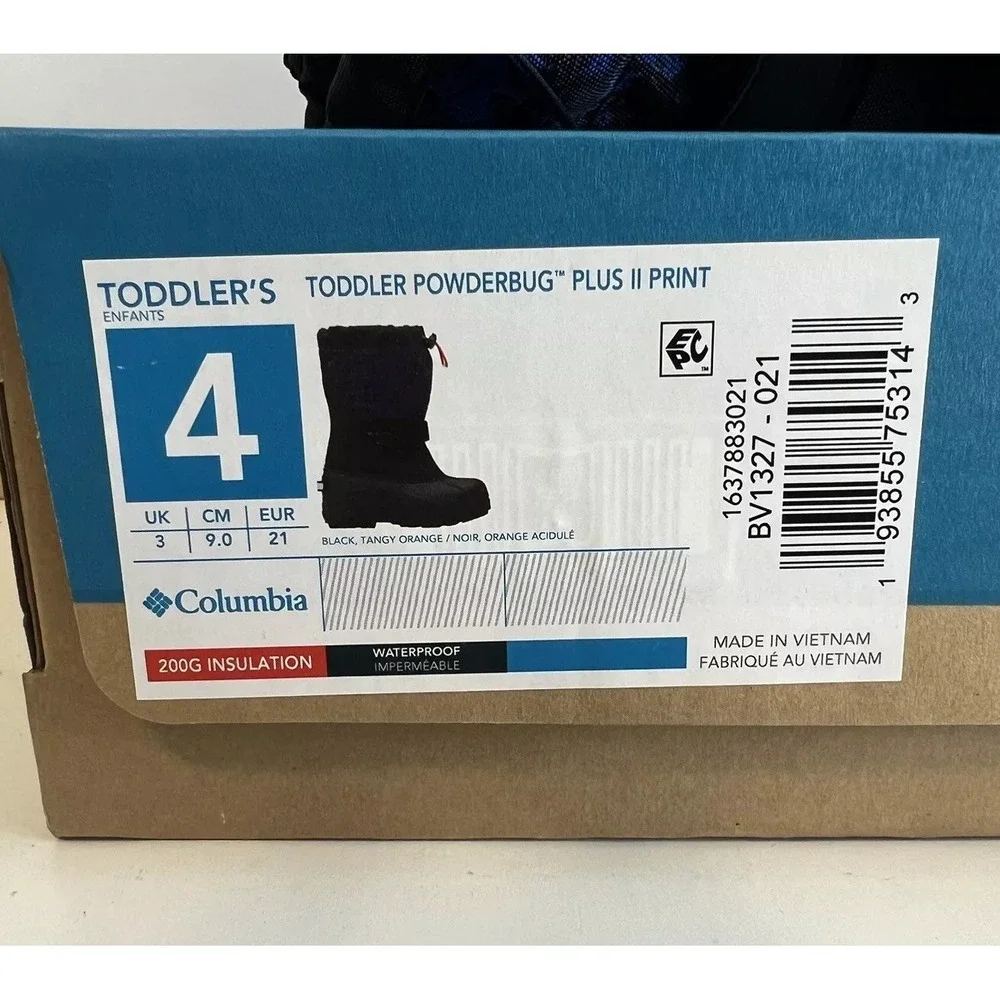 Columbia Powderbug Plus‎ II Print Black Orange Snow Boots / Toddler's 4